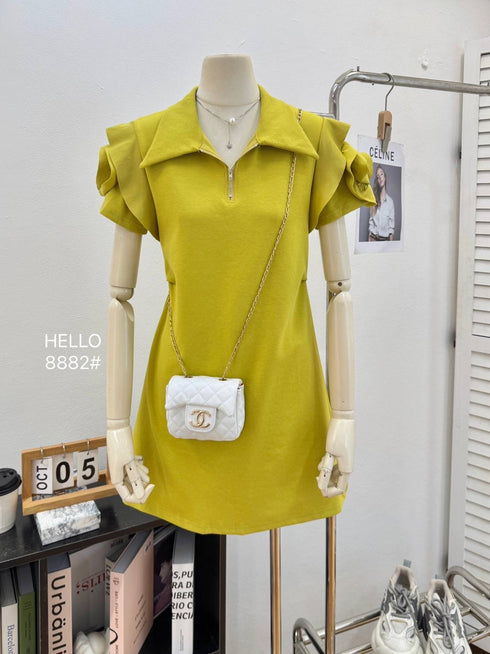 Zipper Collar Down Rose Decor Short Sleeves Mini Dress